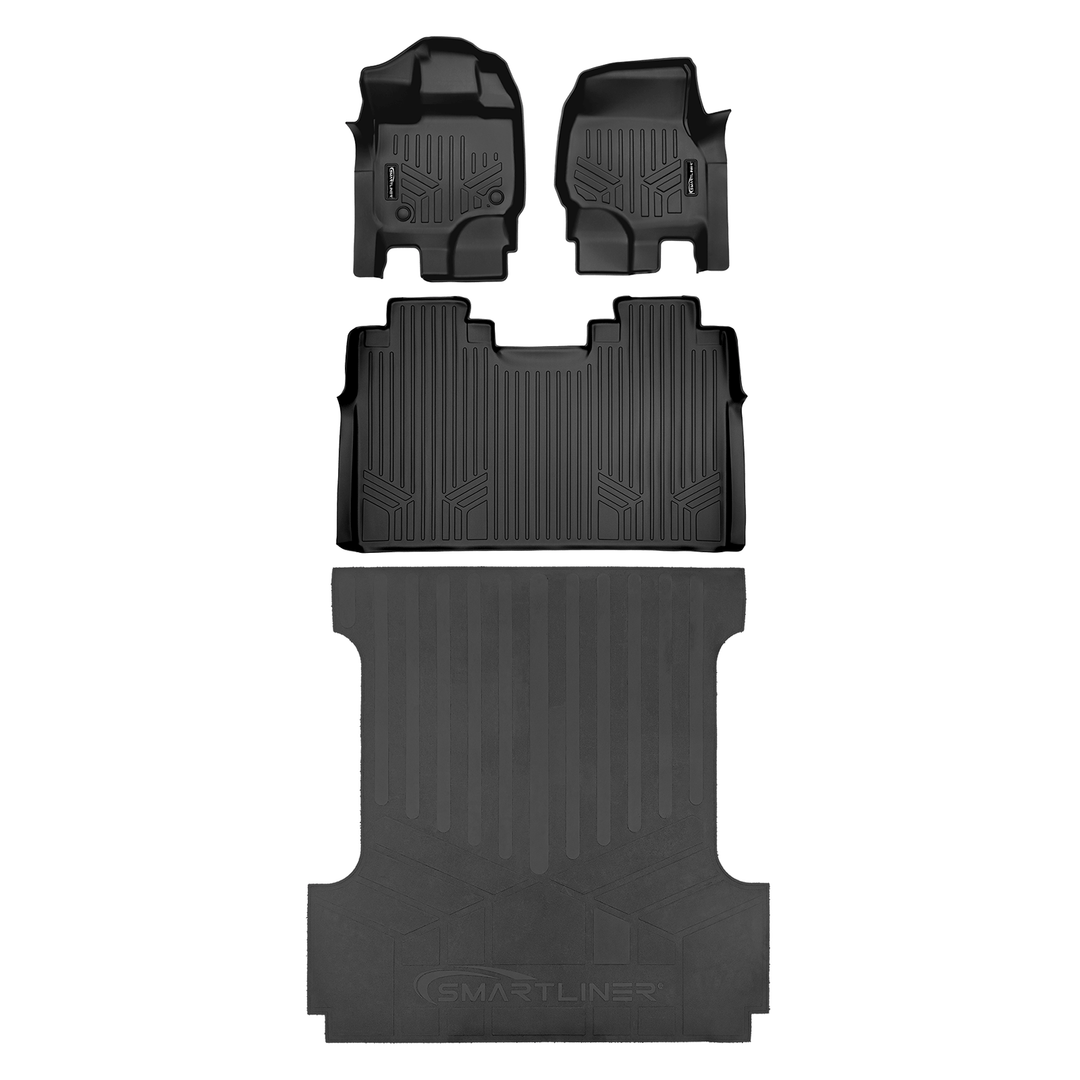 Tapetes SmartCoverage™ de ajuste personalizado para Ford F-150 SuperCrew Cab 2015-2025 con asiento tipo banca en la primera fila (sin OTH ni almacenamiento debajo del asiento de la segunda fila).