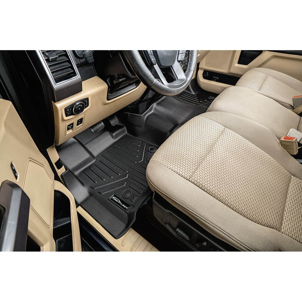 Tapetes SmartCoverage™ a medida para Ford F-150 SuperCab 2015-2025 con asiento corrido en la primera fila y almacenamiento debajo del asiento trasero (vinilo).