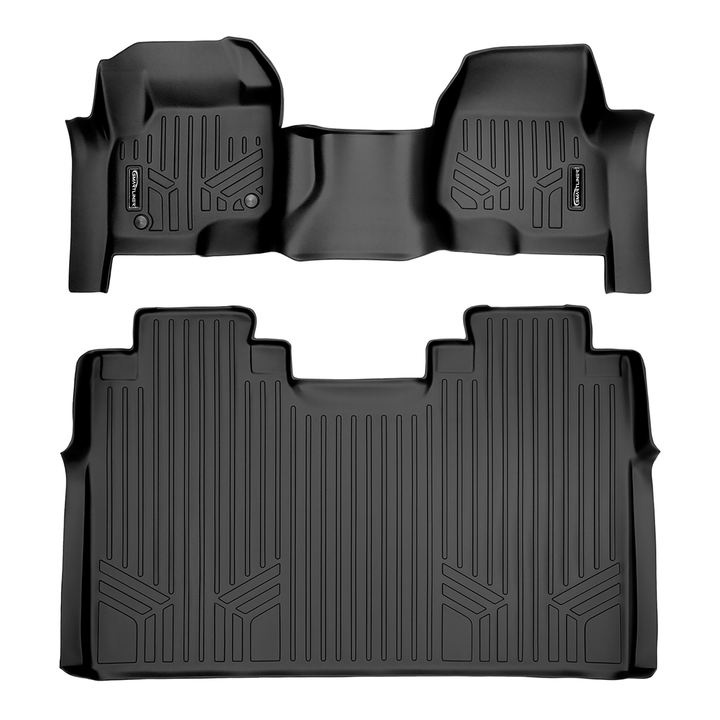 Tapetes SMARTLINER a medida para Ford F-250/F-350 Super Crew Cab (modelos 2017-2025) con asiento corrido en la primera fila, cobertura sobre el túnel central y sin espacio de almacenamiento bajo el asiento de la segunda fila.