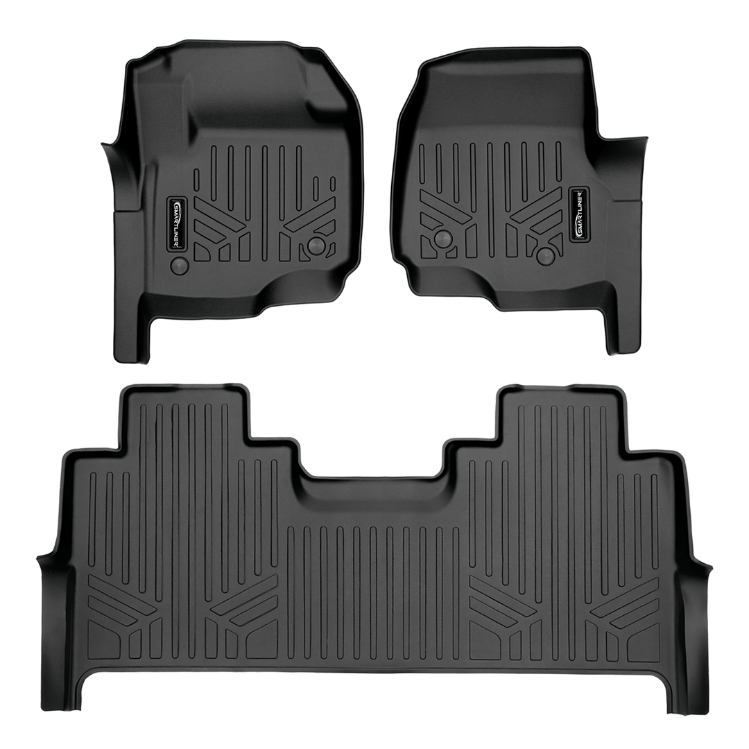 Tapetes SMARTLINER a medida para Ford F-250/F-350 SuperCrew Cab (modelos 2017-2025) con asientos individuales en la primera fila y piso de vinilo con almacenamiento debajo del asiento trasero.