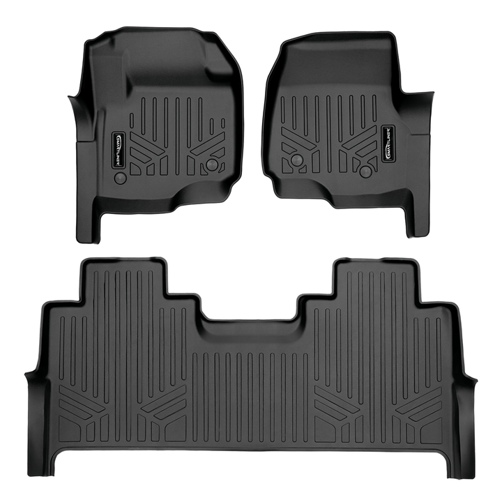 Tapetes SMARTLINER a medida para Ford F-250/F-350 SuperCrew Cab (modelos 2017-2025) con asientos individuales en la primera fila y piso de vinilo con almacenamiento debajo del asiento trasero.