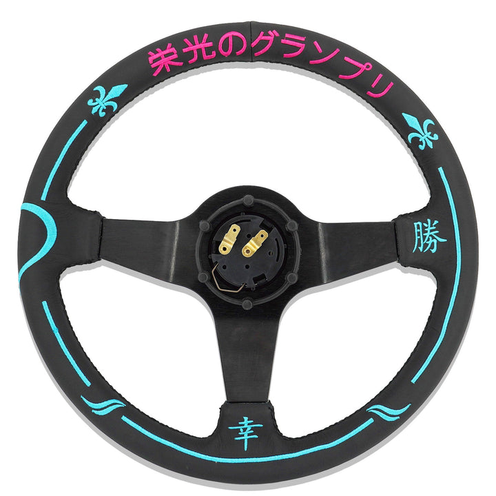 Universal 350mm 3"Deep Dish 6-Bolt Steering Wheel Black Leather Adrenaline Chaser
