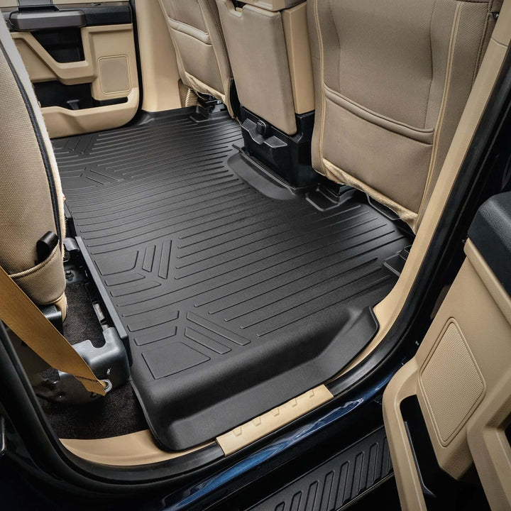 Tapetes SMARTLINER a medida para Ford F-250/F-350 Super Crew Cab (modelos 2017-2025) con asiento corrido en la primera fila, cobertura sobre el túnel central y sin espacio de almacenamiento bajo el asiento de la segunda fila.