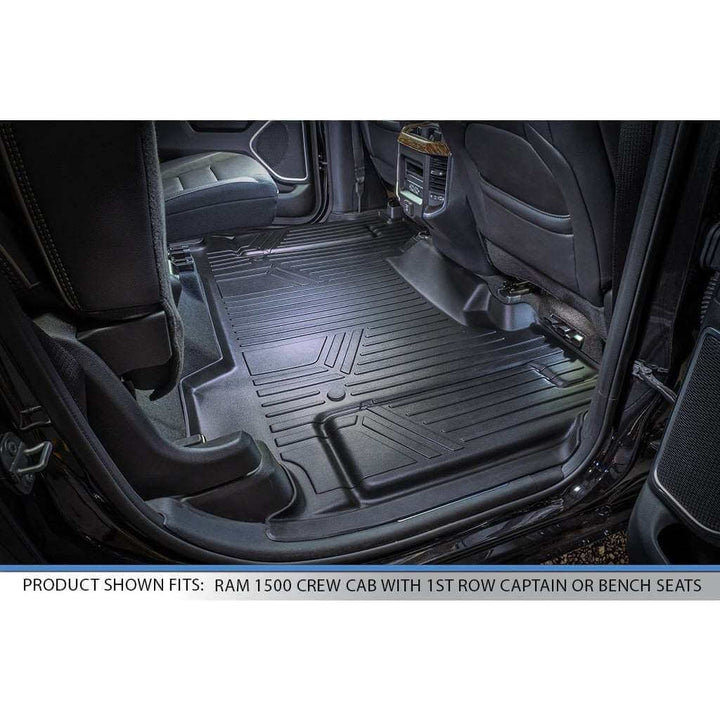 Tapetes SMARTLINER a medida para Ram 1500 Crew Cab (modelos 2019-2024). Piso de vinilo sin compartimento de almacenamiento bajo el asiento trasero.