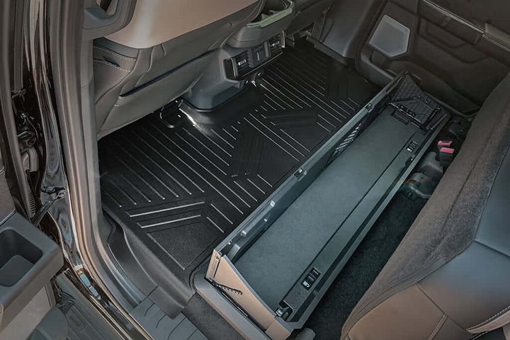 Tapetes SmartCoverage™ a medida para Ford F-150 (modelos 2015-2025) con asientos individuales en la primera fila y compartimento de almacenamiento bajo los asientos de la segunda fila (fabricado por el fabricante).
