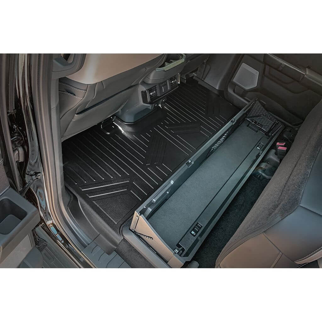 Tapetes SmartCoverage™ a medida para Ford F-150 2015-2025 con asientos individuales en la primera fila y almacenamiento debajo del asiento de la segunda fila OEM (piso de vinilo).