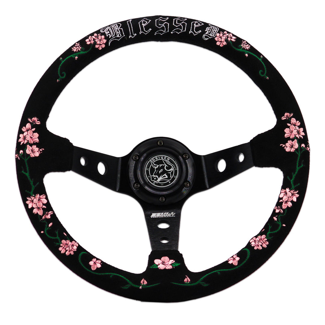 Blessed Universal 350mm 3" Deep Dish 6-Bolt Steering Wheel Red Suede Alcantara