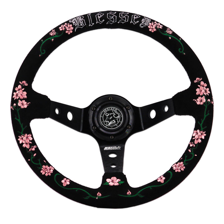 Blessed Universal 350mm 3" Deep Dish 6-Bolt Steering Wheel Red Suede Alcantara