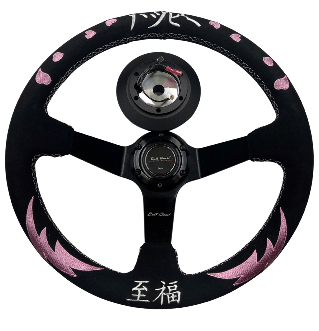 Bliss Heart Deep Dish Suede Steering Wheel + Short Hub Adapter Kit For Honda Acura Civic Integra Accord Del Sol, CRX, Prelude
