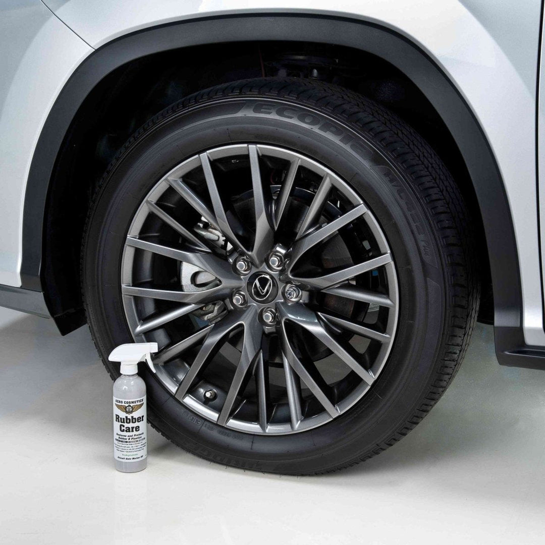 Tire Care Kit - Tire Soap 16oz, Rubber Care 16oz, Tire Brush, Aero Microfiber Towels, and Rubber Care Applicator.