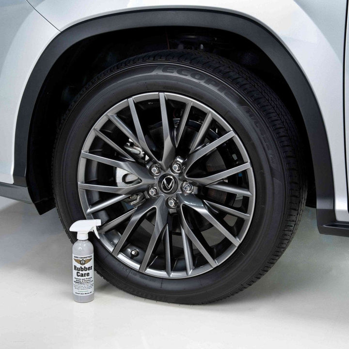 Tire Care Kit - Tire Soap 16oz, Rubber Care 16oz, Tire Brush, Aero Microfiber Towels, and Rubber Care Applicator.