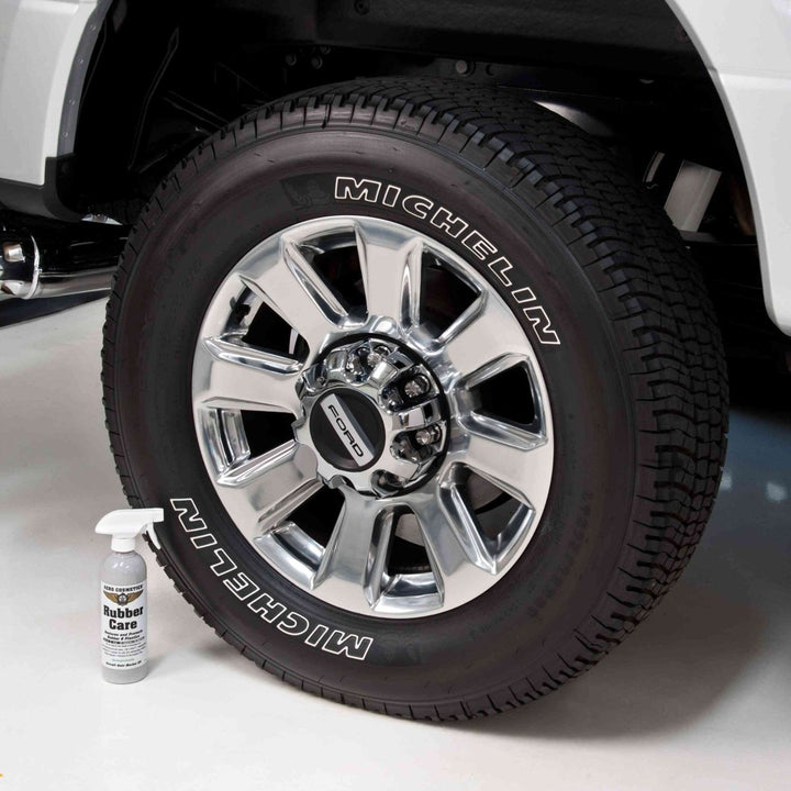 Tire Care Kit - Tire Soap 16oz, Rubber Care 16oz, Tire Brush, Aero Microfiber Towels, and Rubber Care Applicator.