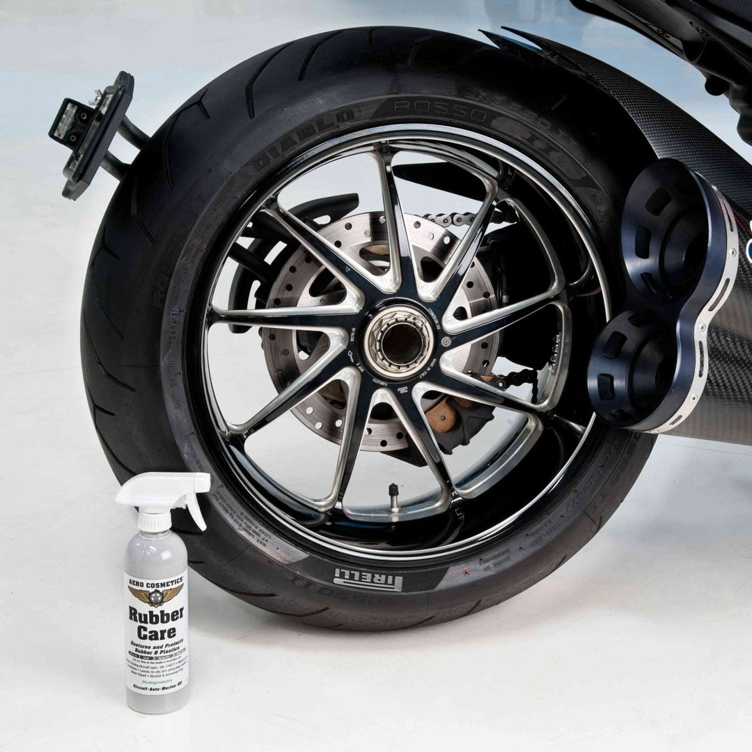 Tire Care Kit - Tire Soap 16oz, Rubber Care 16oz, Tire Brush, Aero Microfiber Towels, and Rubber Care Applicator.