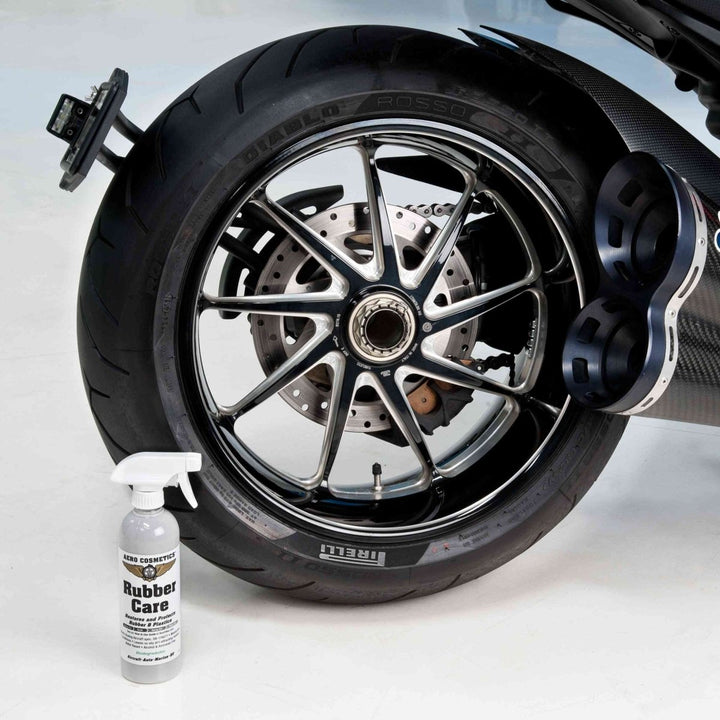 Tire Care Kit - Tire Soap 16oz, Rubber Care 16oz, Tire Brush, Aero Microfiber Towels, and Rubber Care Applicator.