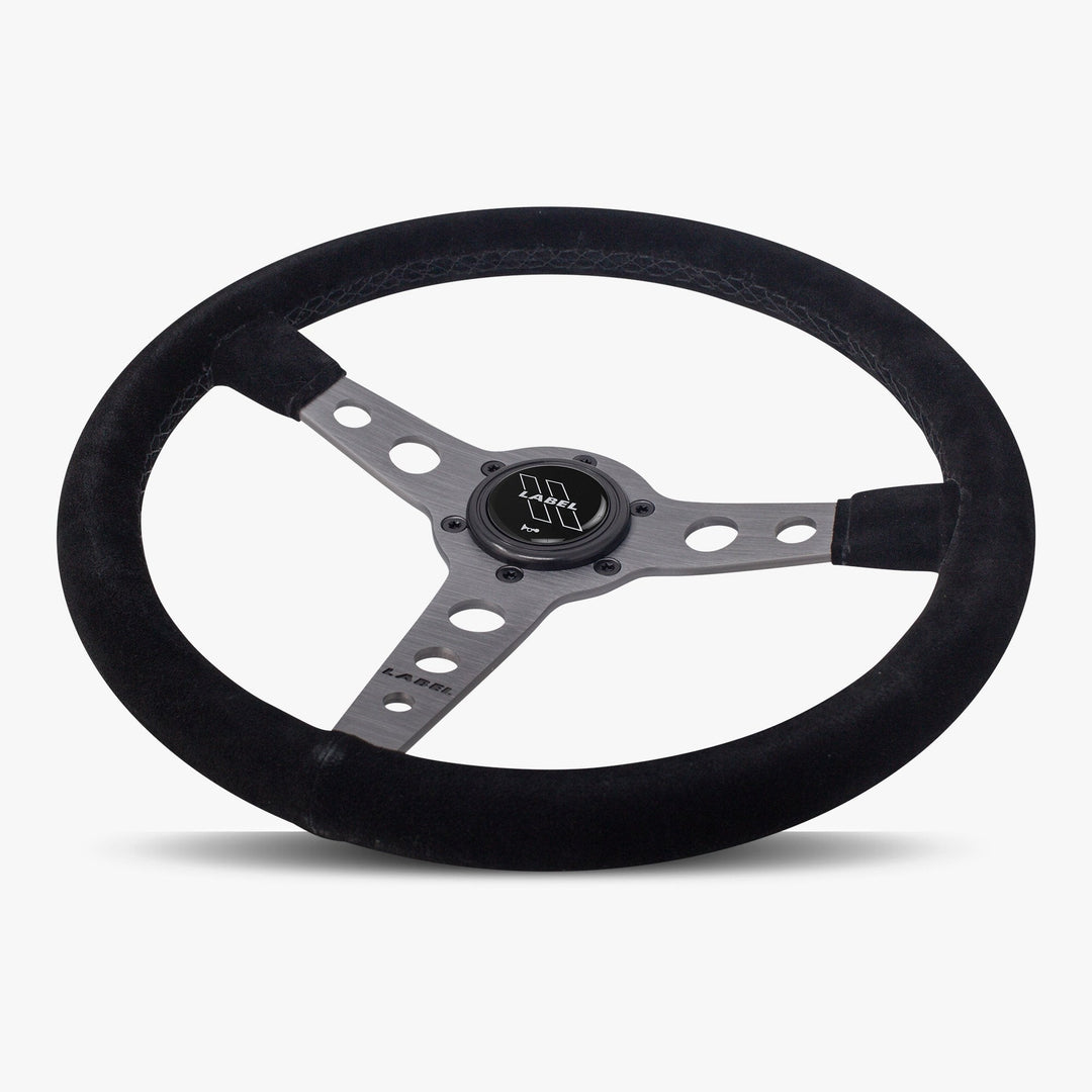 The Daytona | Black Alcantara Suede | Graphite Spoke | Black Stitch