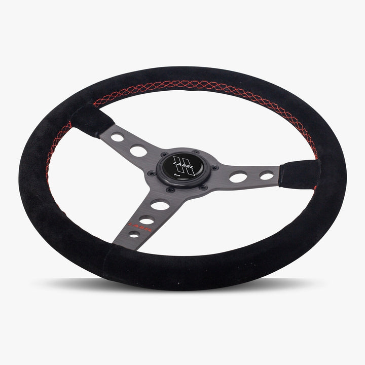 The Daytona | Black Alcantara Suede | Graphite Spoke | Red Stitch