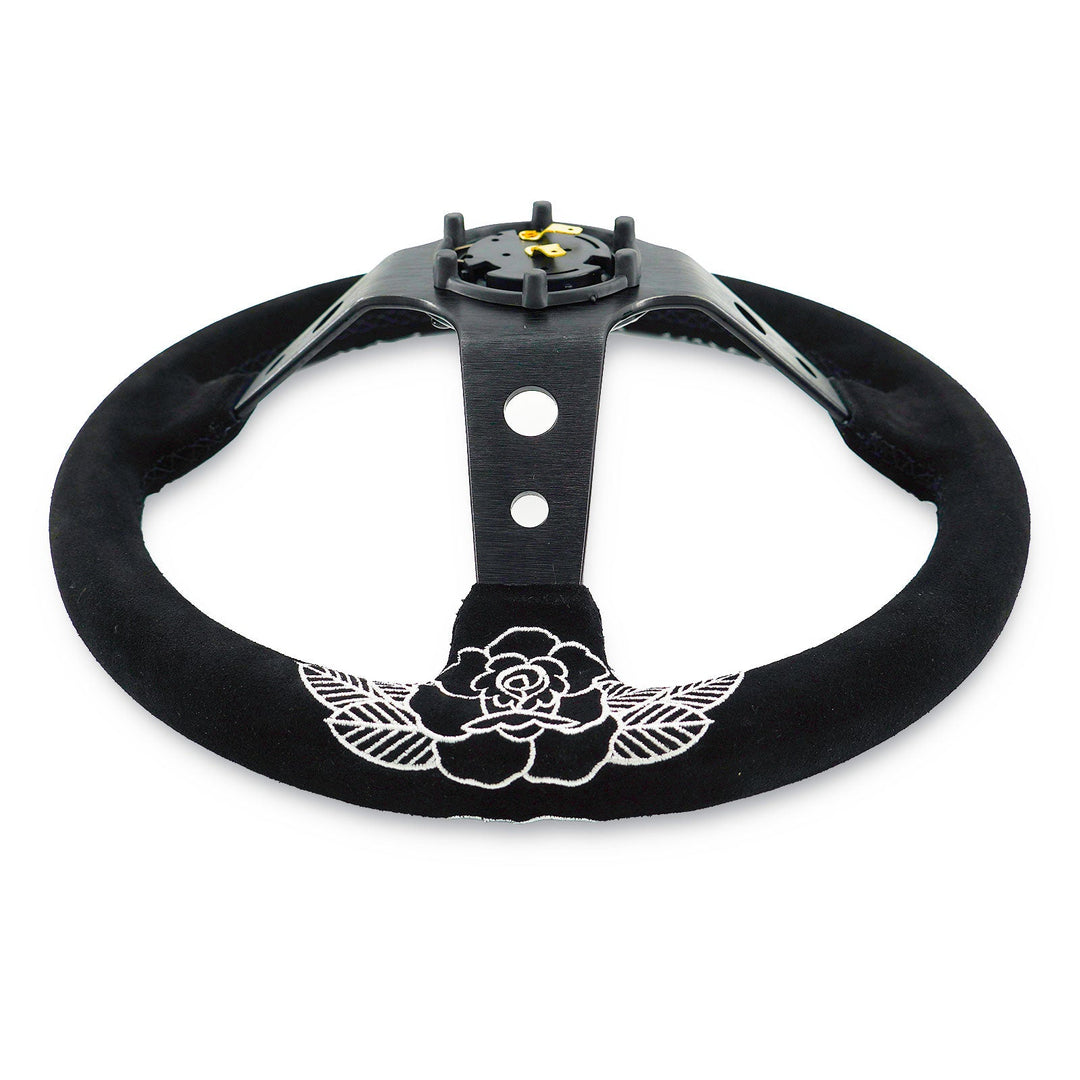 Custom Rose Universal 350mm 3" Deep Dish 6-Bolt Steering Wheel Black Suede Alcantara