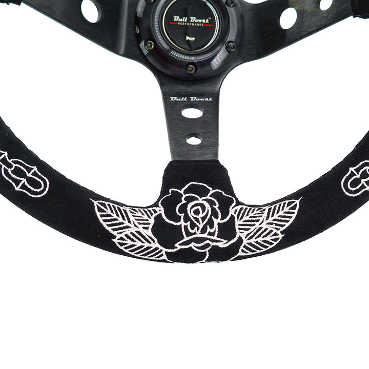 Custom Rose Universal 350mm 3" Deep Dish 6-Bolt Steering Wheel Black Suede Alcantara